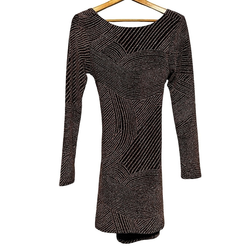 Altar’d State Brown Gold Metallic Form Fitting Mini Dress Large Long Sleeve
